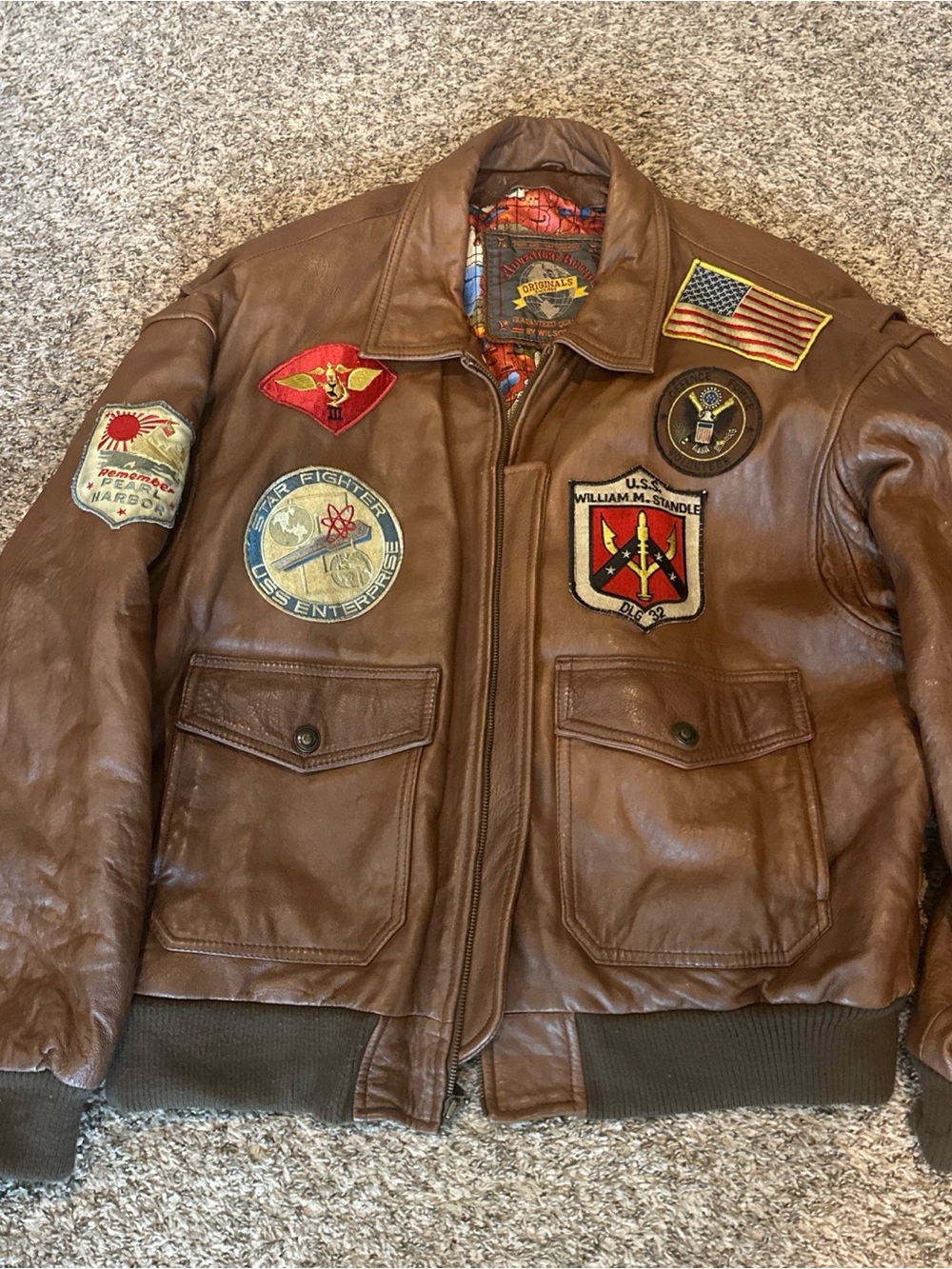 Wilson Adventure Bound Brown Leather Bomber Jacket with Military Patch Detailing